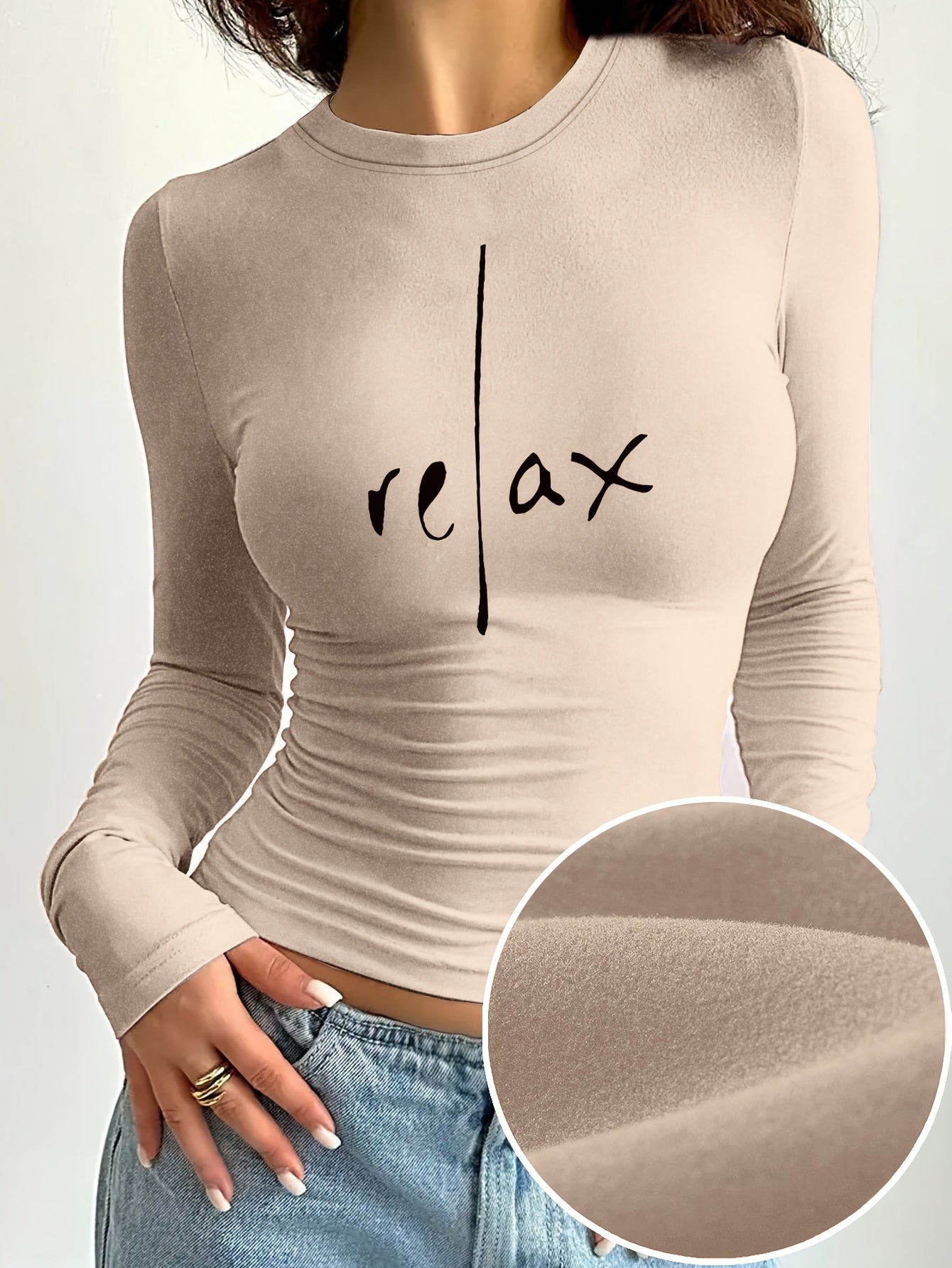 Women'S Elegant Long Sleeve Crew Neck T-Shirt with "Relax" Letter Print, Knit Polyester Blend, Skinny Fit, Short Length, Medium Stretch, Fall/Winter Casual Layer Top